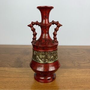 Brass Vase Painted Red Gold Accents Vintage Textured Heavy Ribbed Handles